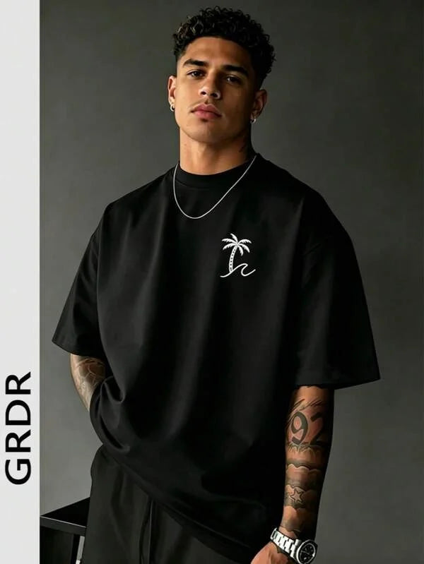 GRDR Men's Round Neck Fashionable Palm Tree Printed Short Sleeve T-Shirt, Casual