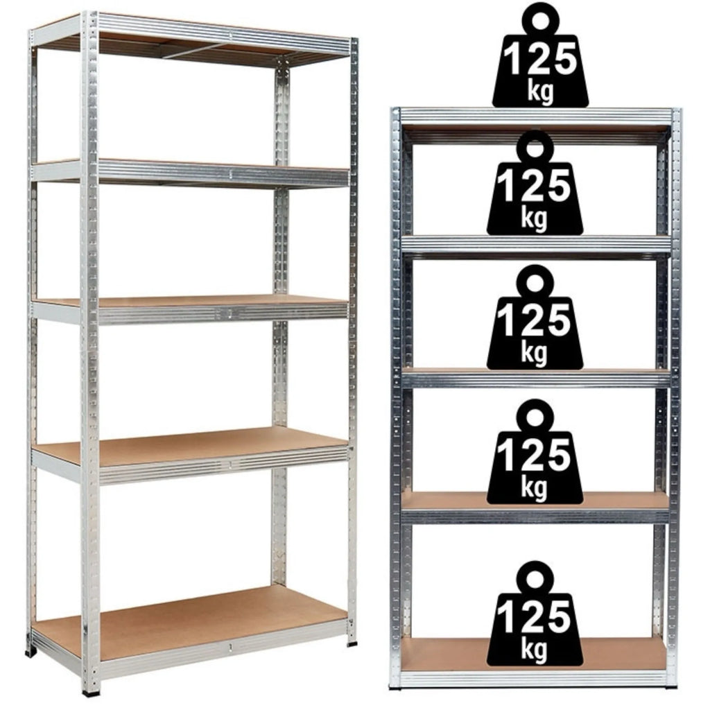 Mikomika 5-Shelf Shelving Unit - 875 kg Capacity, 183 cm High, Galvanized Steel Structure, Perfect for Home, Office, and Garage, with Adjustable Leveling Feet for Stability.