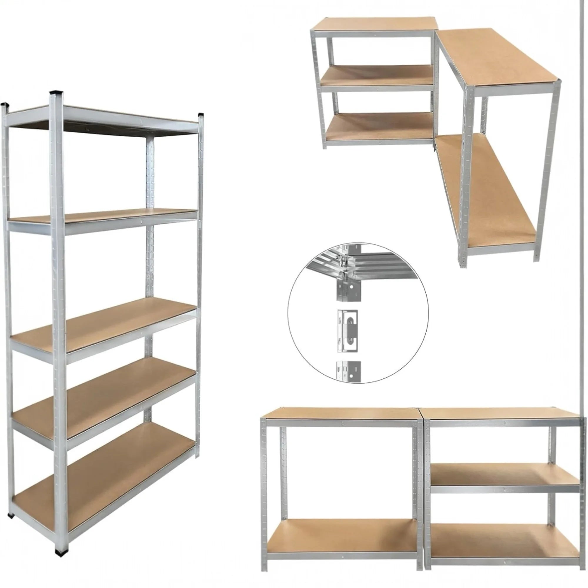 Mikomika 5-Shelf Shelving Unit - 875 kg Capacity, 183 cm High, Galvanized Steel Structure, Perfect for Home, Office, and Garage, with Adjustable Leveling Feet for Stability.