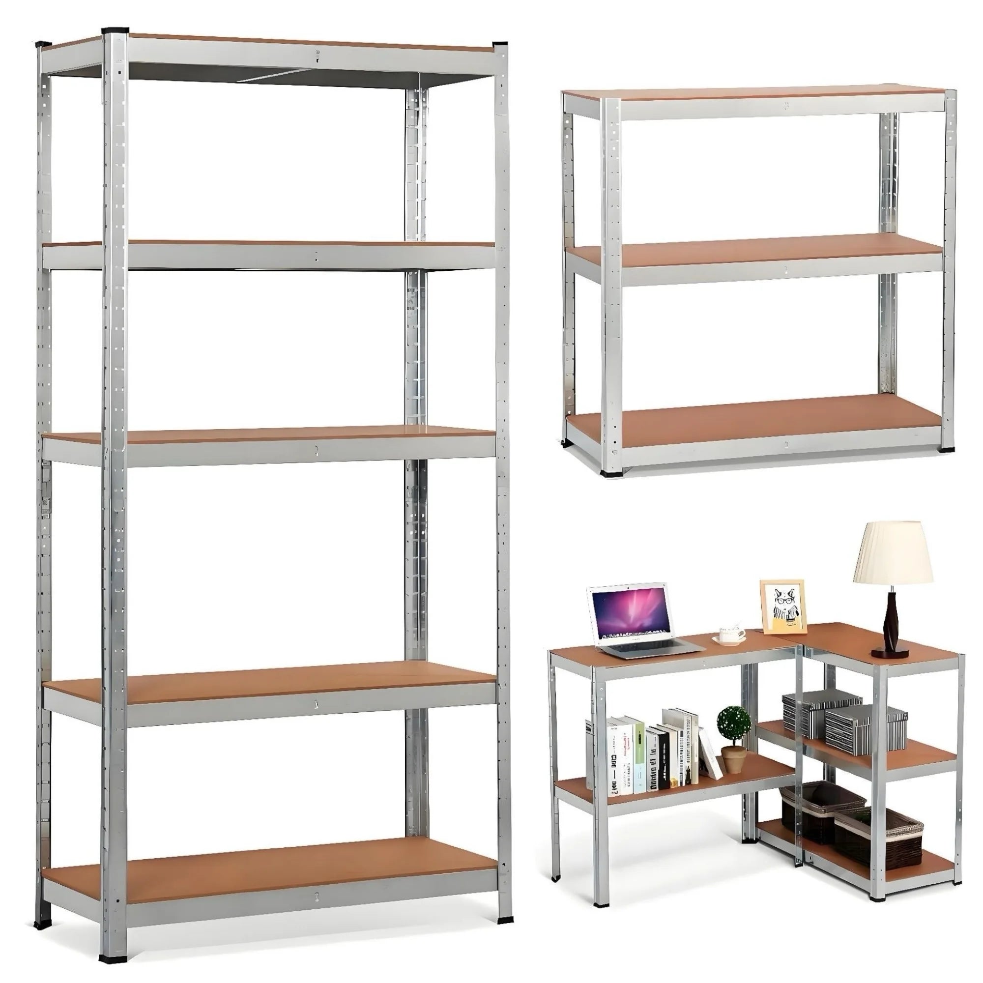 Mikomika 5-Shelf Shelving Unit - 875 kg Capacity, 183 cm High, Galvanized Steel Structure, Perfect for Home, Office, and Garage, with Adjustable Leveling Feet for Stability.