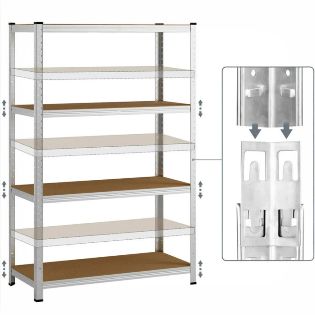 Mikomika 5-Shelf Shelving Unit - 875 kg Capacity, 183 cm High, Galvanized Steel Structure, Perfect for Home, Office, and Garage, with Adjustable Leveling Feet for Stability.