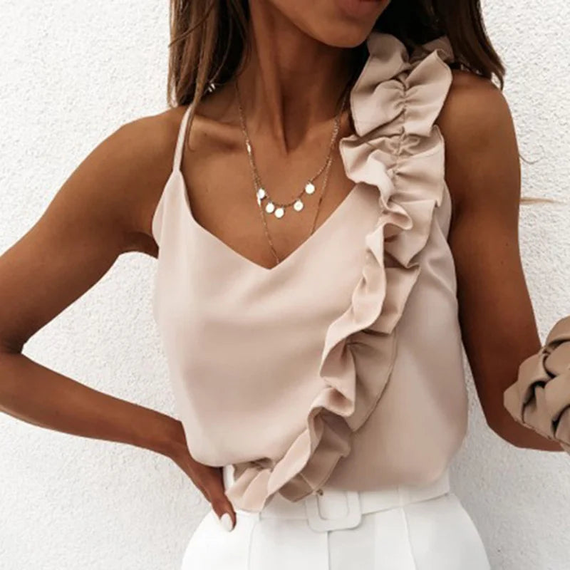 2025 Women Summer Blouse Shirts Sexy V Neck Ruffle Blouses Backless Spaghetti Strap Office Ladies Sleeveless Casual Tops