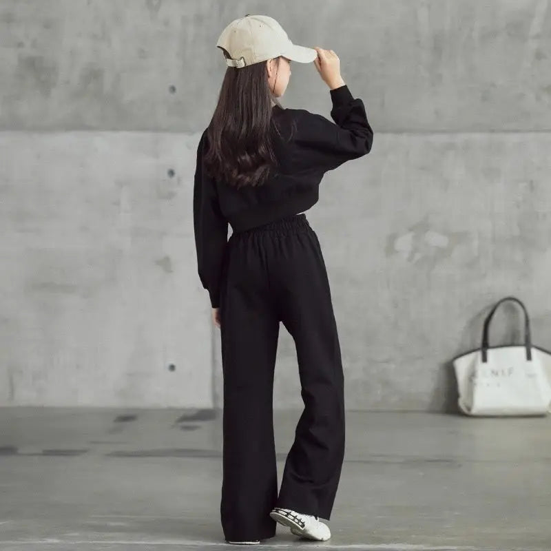 2026 autumn winter Kids tracksuit Children Girls Clothes Casual crop top T-Shirt + wide leg Pant Suit Teenager 4 8 6 10 12 year