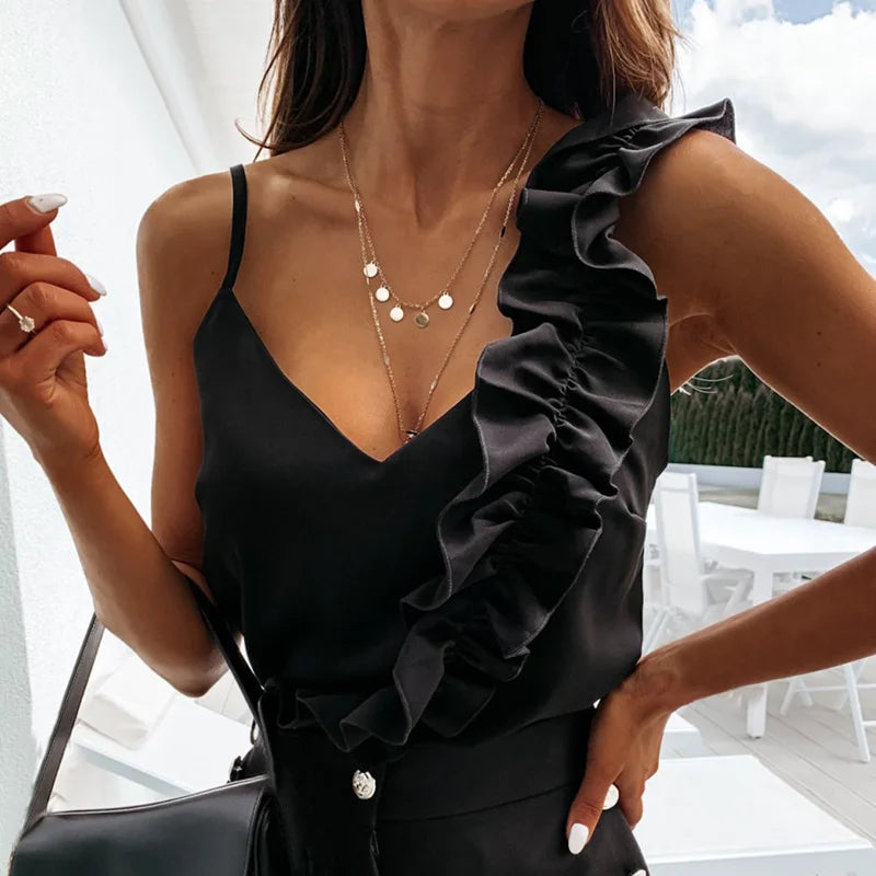 2025 Women Summer Blouse Shirts Sexy V Neck Ruffle Blouses Backless Spaghetti Strap Office Ladies Sleeveless Casual Tops