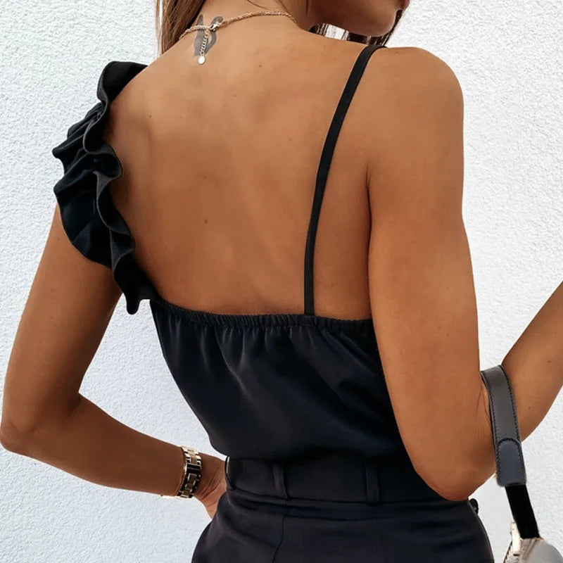 2025 Women Summer Blouse Shirts Sexy V Neck Ruffle Blouses Backless Spaghetti Strap Office Ladies Sleeveless Casual Tops