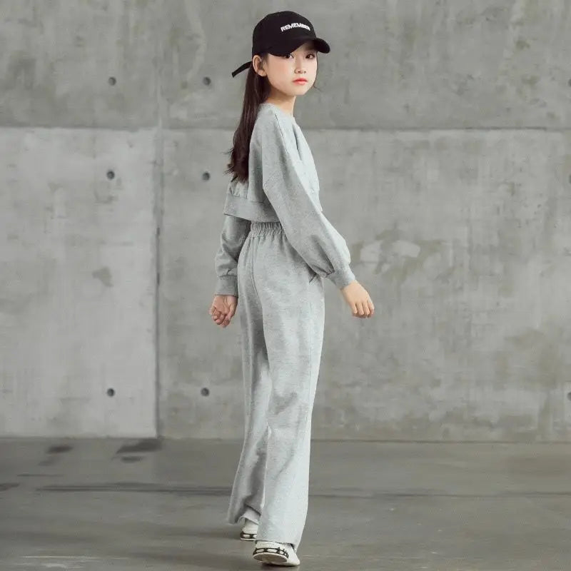 2026 autumn winter Kids tracksuit Children Girls Clothes Casual crop top T-Shirt + wide leg Pant Suit Teenager 4 8 6 10 12 year