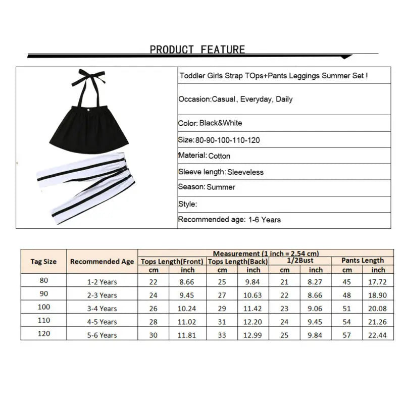1-6T Fashion Summer Clothing Girl Strap Tops+Striped Pants Toddler Outfits Girls Clothes Sets