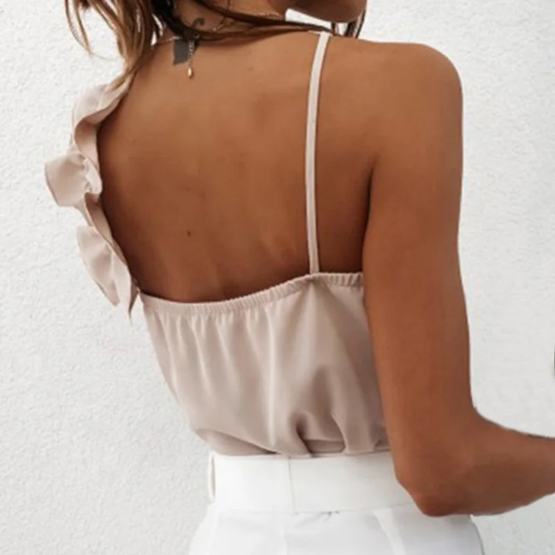 2025 Women Summer Blouse Shirts Sexy V Neck Ruffle Blouses Backless Spaghetti Strap Office Ladies Sleeveless Casual Tops