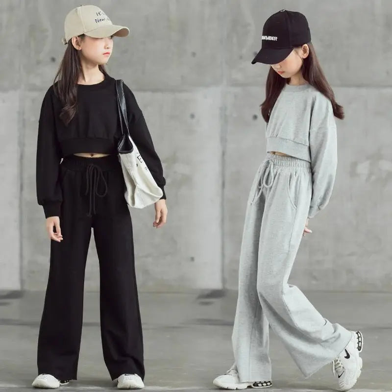 2026 autumn winter Kids tracksuit Children Girls Clothes Casual crop top T-Shirt + wide leg Pant Suit Teenager 4 8 6 10 12 year