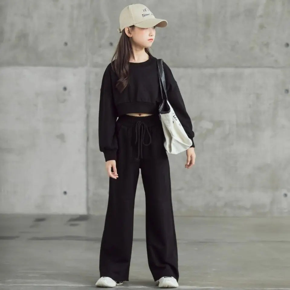 2026 autumn winter Kids tracksuit Children Girls Clothes Casual crop top T-Shirt + wide leg Pant Suit Teenager 4 8 6 10 12 year