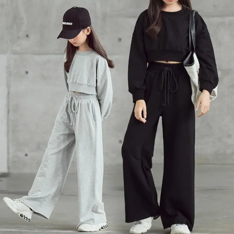2026 autumn winter Kids tracksuit Children Girls Clothes Casual crop top T-Shirt + wide leg Pant Suit Teenager 4 8 6 10 12 year