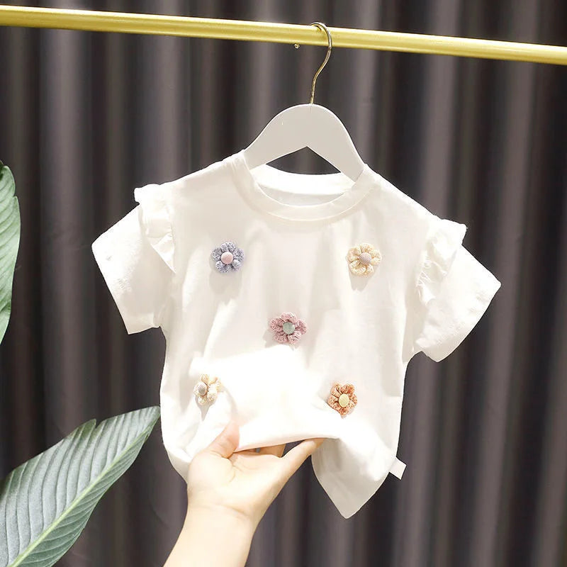 Children Summer Clothes Baby Girl Tops Short Sleeve Round Neck T-Shirt Breathable Cute Design Sweet 3D Flowers Trendy T-shirt