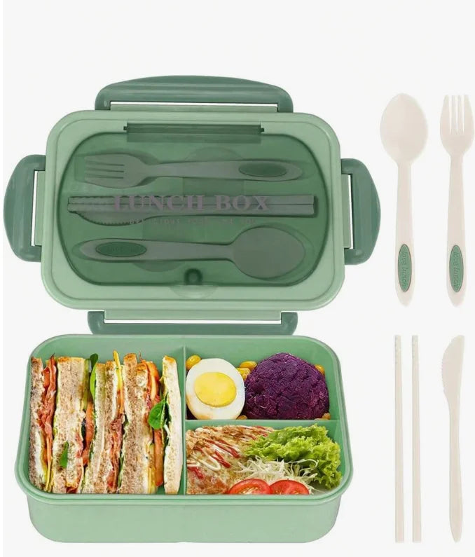 Adult set bento box, 3 compartments, cannot be placed in microwave or dishwasher (with knife, fork, spoon, and chopsticks)