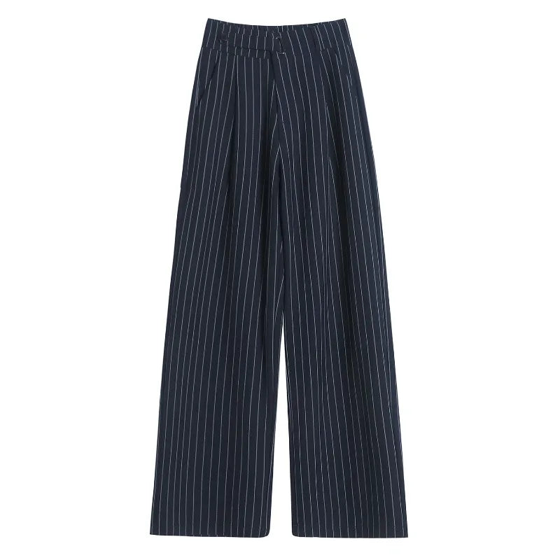 2025 New Autumn Vintage Striped Loose Women's Wide Leg Pant Button Spring High Waist Female Straight Office Full Length Trousers