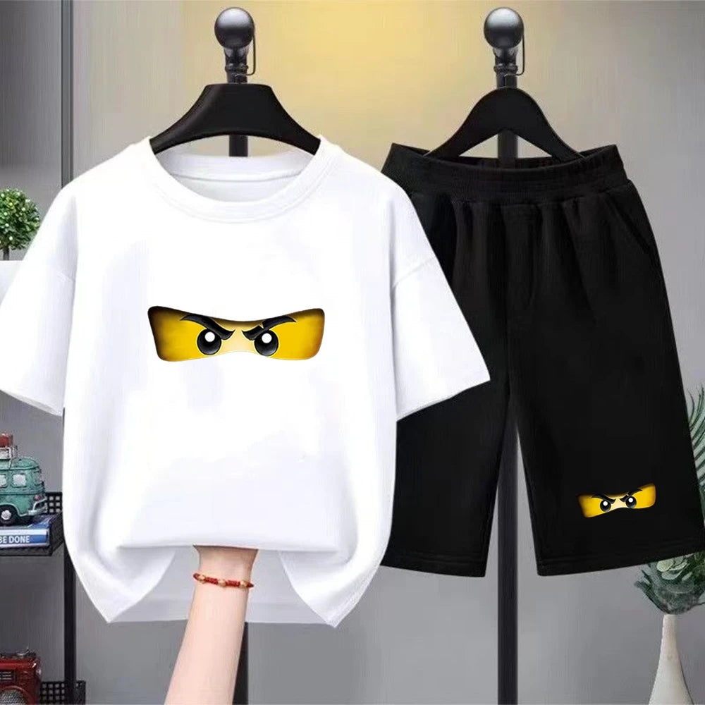 Summer T-Shirt Boy Girls Red Casual TShirt+Shorts Sets Ninja Printed Kids Outfits Teen Children's Short Sleeve Tops