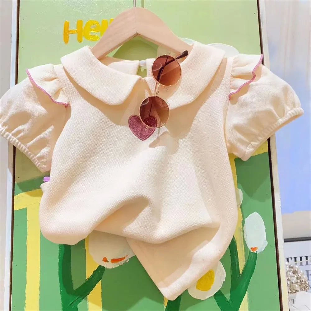2026 Summer Girls Clothing Set Embroidered Heart Pattern T-shirt+ Short Pants 2Pcs Suit For 2-8Years Kids Fashion Outfit