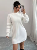 Women's Casual Solid-Color Stand-Collar Loose-Fit Knit Patchwork Dress, Belt Not Included, Fall/Winter Women's Apparel