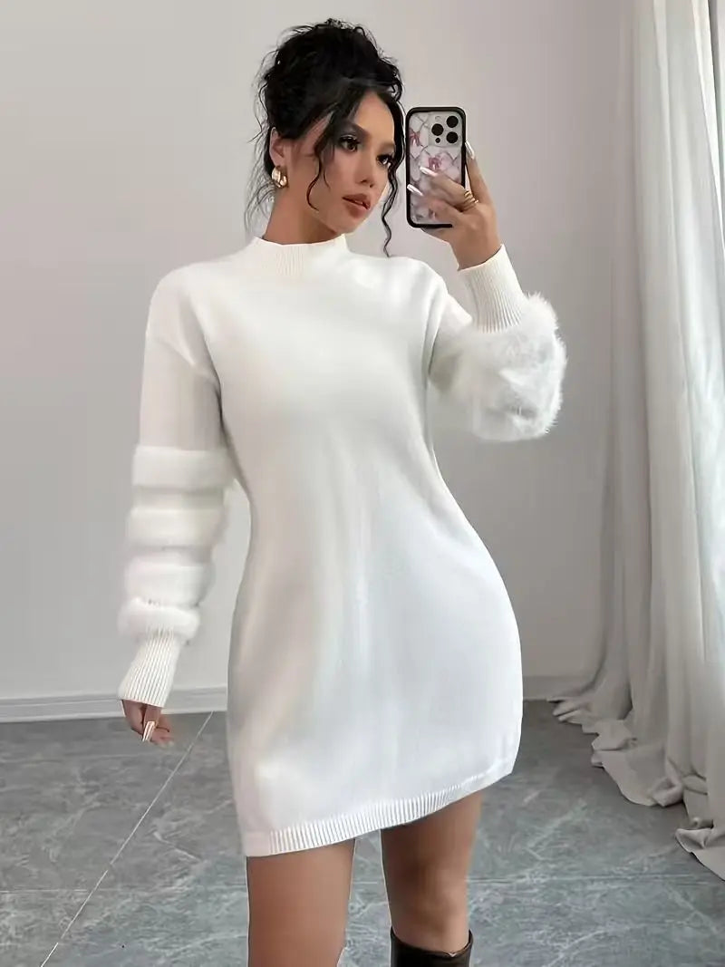 Women's Casual Solid-Color Stand-Collar Loose-Fit Knit Patchwork Dress, Belt Not Included, Fall/Winter Women's Apparel