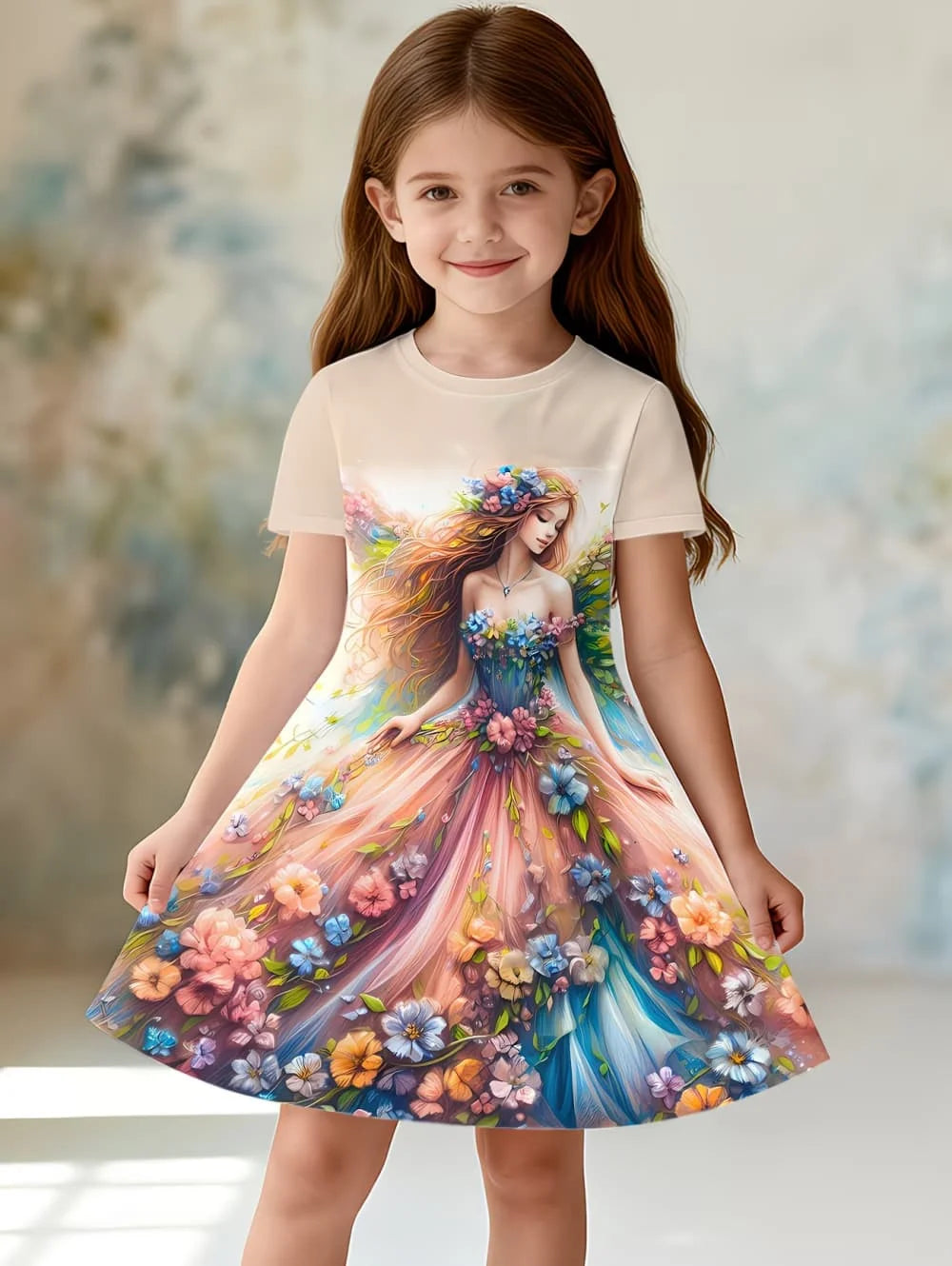 Girl's Princess Cartoon Print Dress Summer Casual Round Neck Short Sleeve Dress Outdoor Wear Elegant Party Dresses Girl Clothes