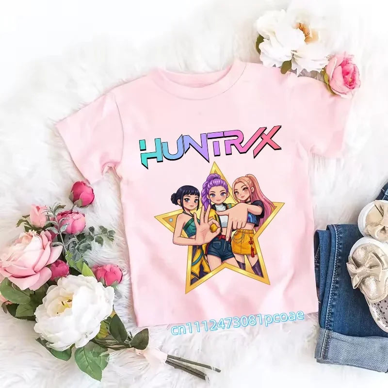 2026 Children's K-pop Demon Hunters T-shirt, a clothing item featuring anime cartoon patterns, a girls' casual top, gift options