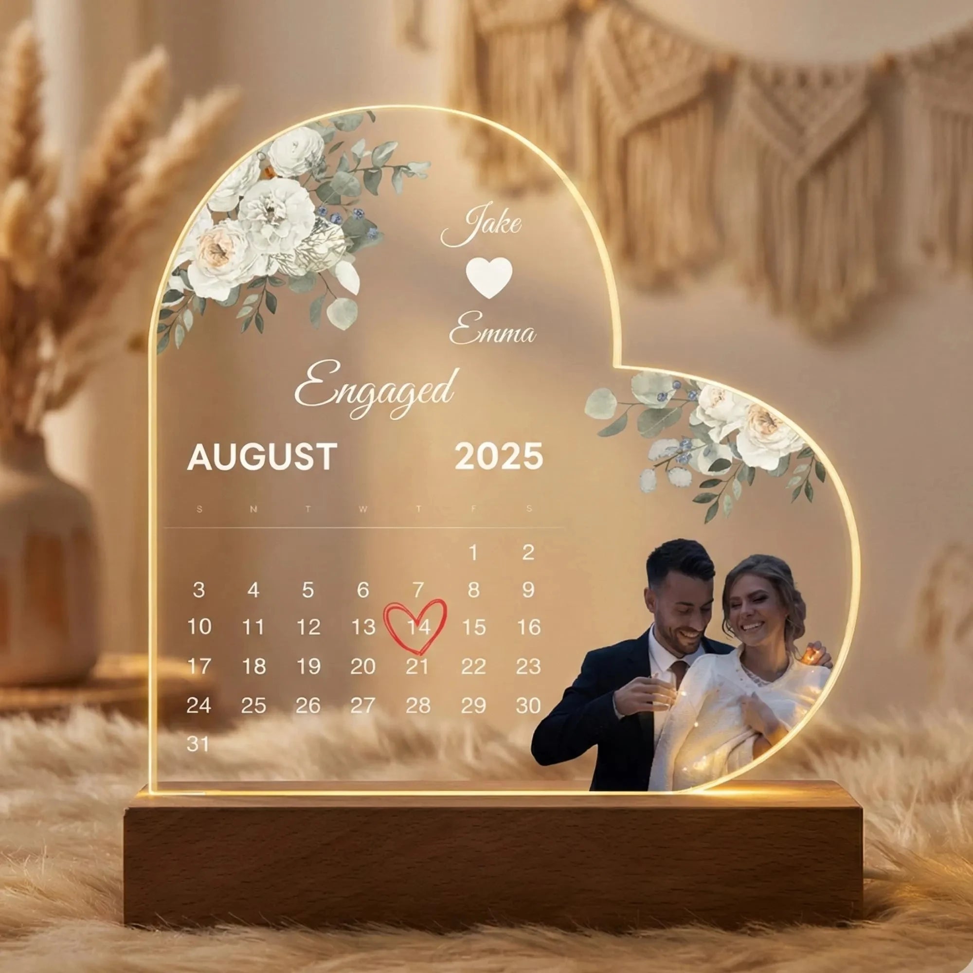 Custom Photo Heart-Shaped Calendar Acrylic Romantic Valentines Couple Gift for Girlfriend Lovers Anniversary Newlywed Present