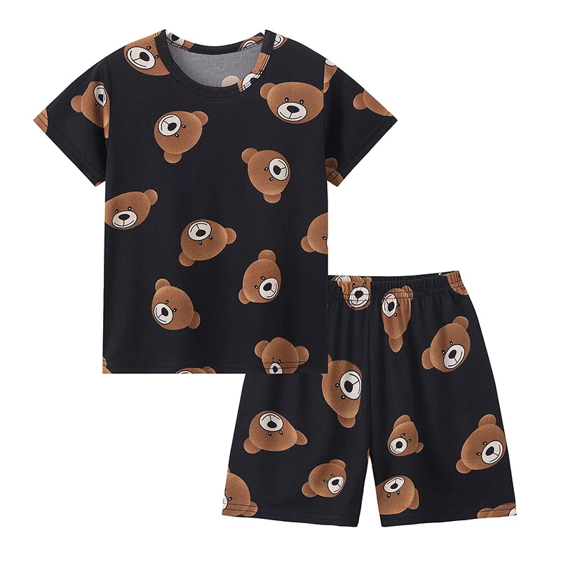 2-Piece Children's Cute Bear Print Fashion Suit Boy's Casual Fashion Round Neck Shirt Girl's Comfortable Wild Shorts Combination