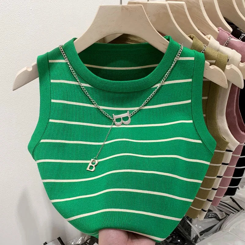 AOSSVIAO 2026 New Waistcoat Women Wear Striped Wide Edge Temperament Summer Top Short Knit Sleeveless Bottom Shirt