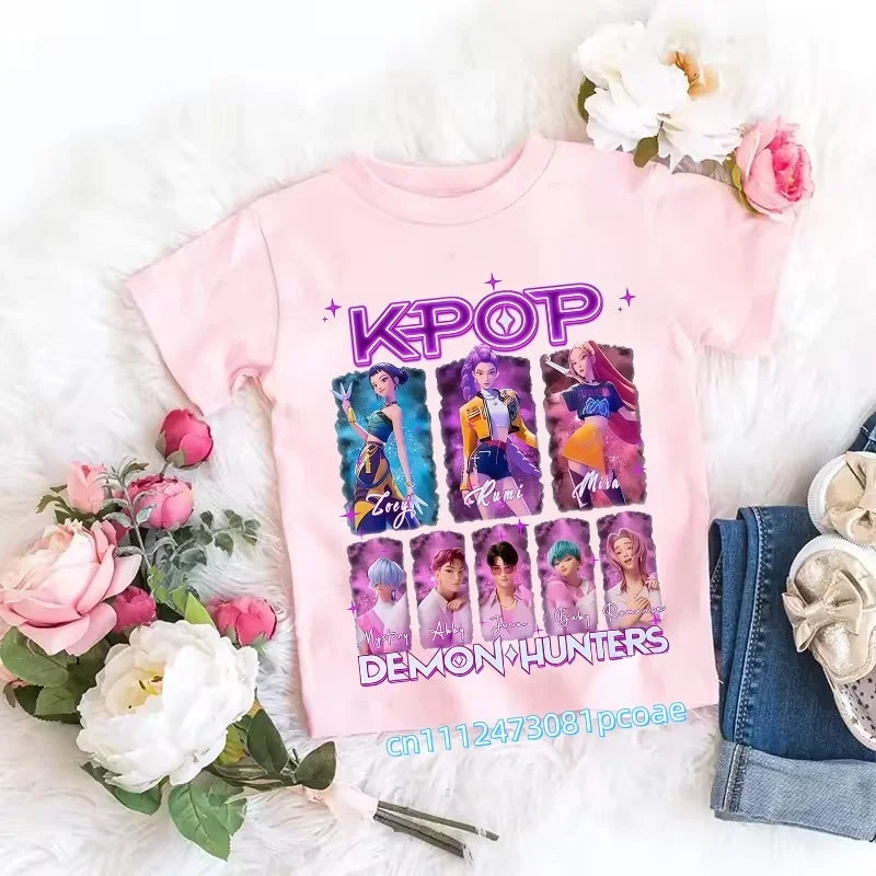 2026 Children's K-pop Demon Hunters T-shirt, a clothing item featuring anime cartoon patterns, a girls' casual top, gift options