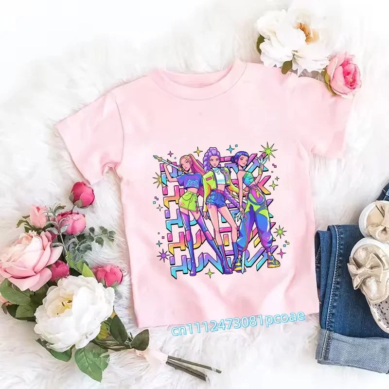 2026 Children's K-pop Demon Hunters T-shirt, a clothing item featuring anime cartoon patterns, a girls' casual top, gift options