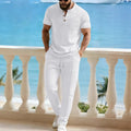Men's Summer 2 Piece Outfits, Waffle Knit Stand Collar Button Henley Shirt & Drawstring Pants Set, Breathable Casual Tracksuit