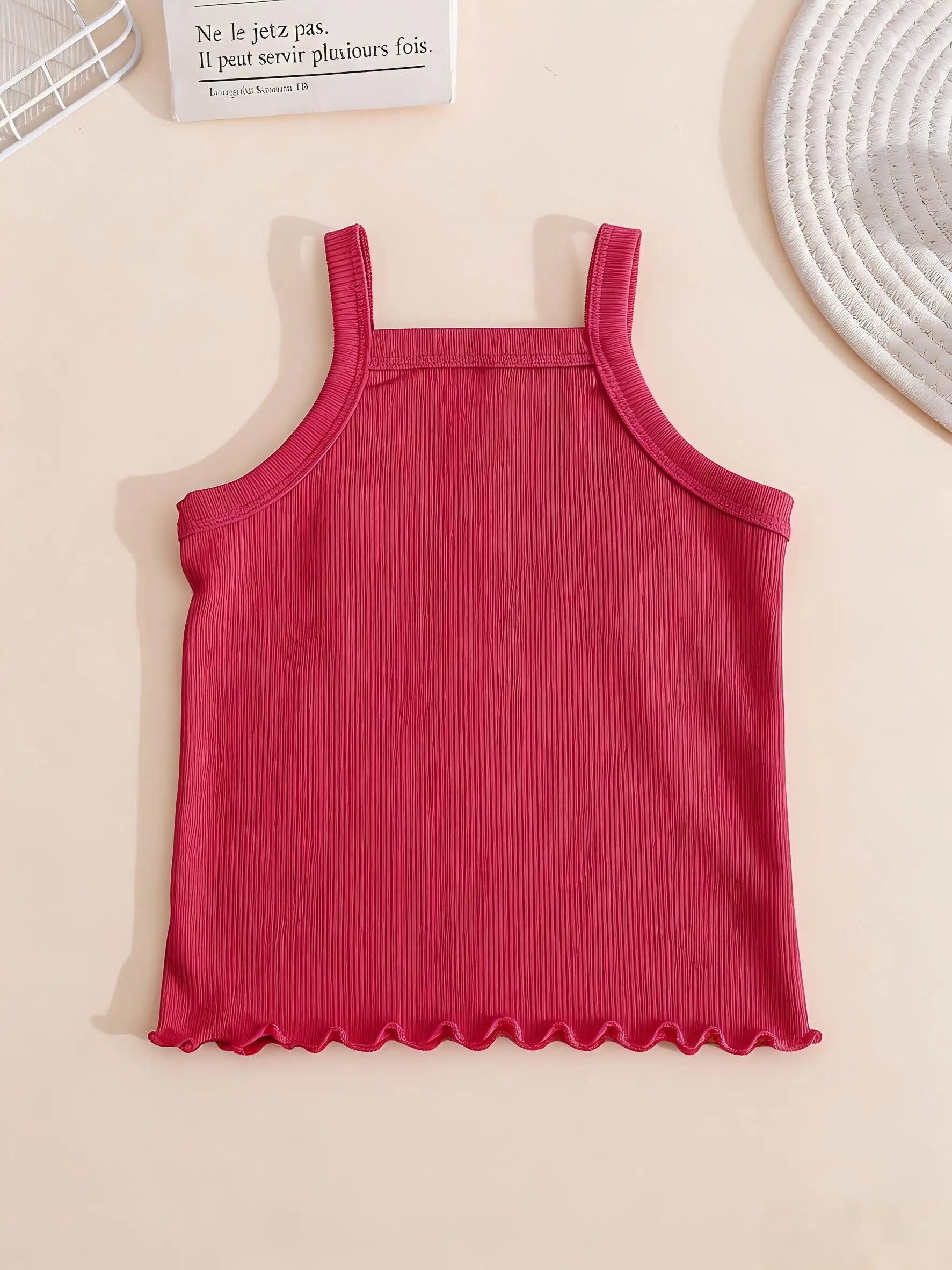 1Pc Kids Girls Solid Ribbed Singlet Thin Frill Edge Camisole Sleeveless Spaghetti Strap Breathable Underwear Home Top For 2-10Y