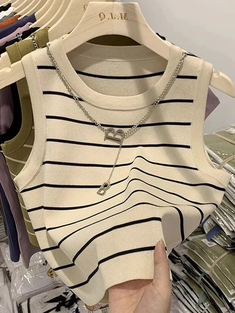 AOSSVIAO 2026 New Waistcoat Women Wear Striped Wide Edge Temperament Summer Top Short Knit Sleeveless Bottom Shirt
