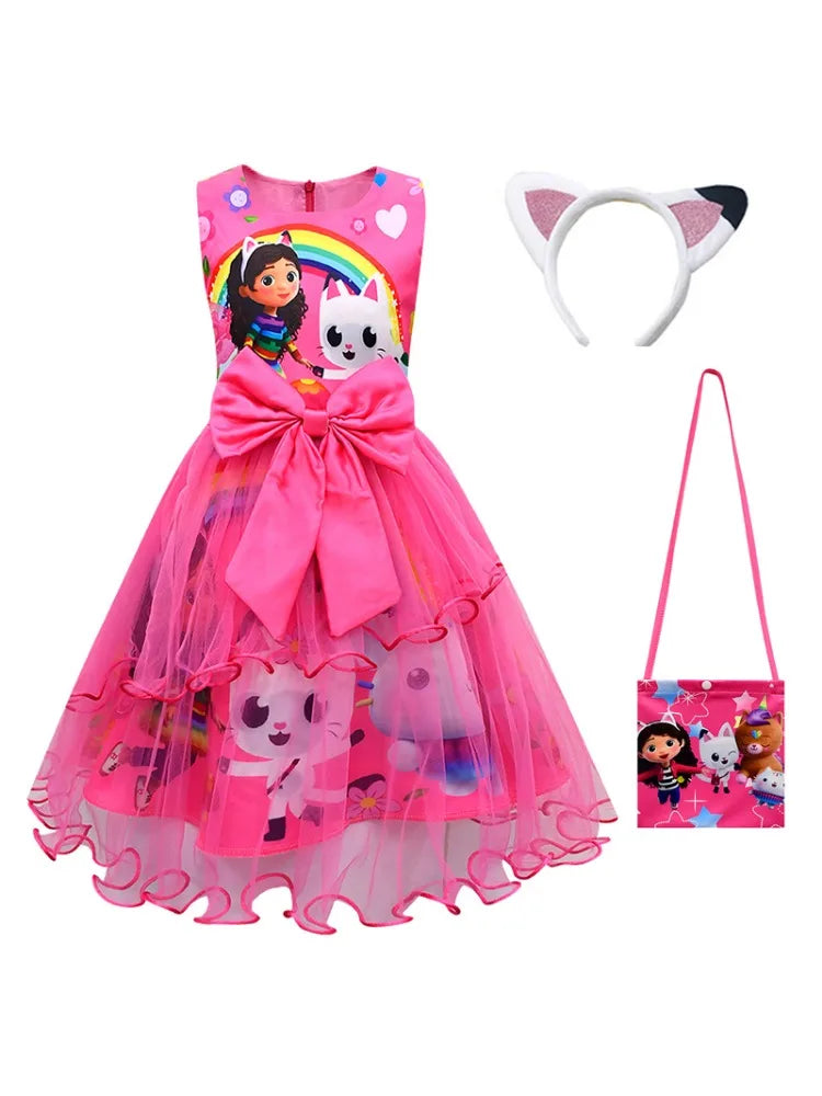 Gabby's Dollhouse Kids Summer Gabby Cats Dress Baby Girls Cute Lace Princess Dress Toddler Girls Birthday Party Dresses Headwear