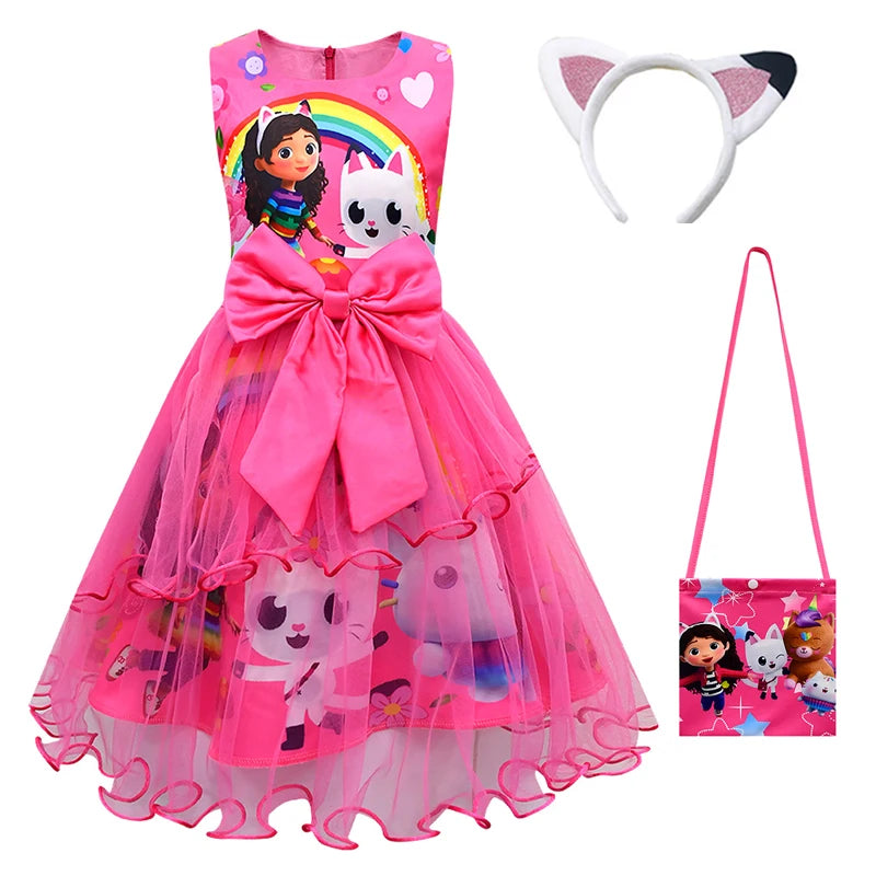Gabby's Dollhouse Kids Summer Gabby Cats Dress Baby Girls Cute Lace Princess Dress Toddler Girls Birthday Party Dresses Headwear