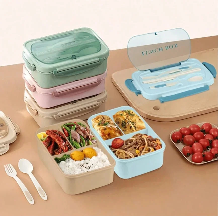 Adult set bento box, 3 compartments, cannot be placed in microwave or dishwasher (with knife, fork, spoon, and chopsticks)