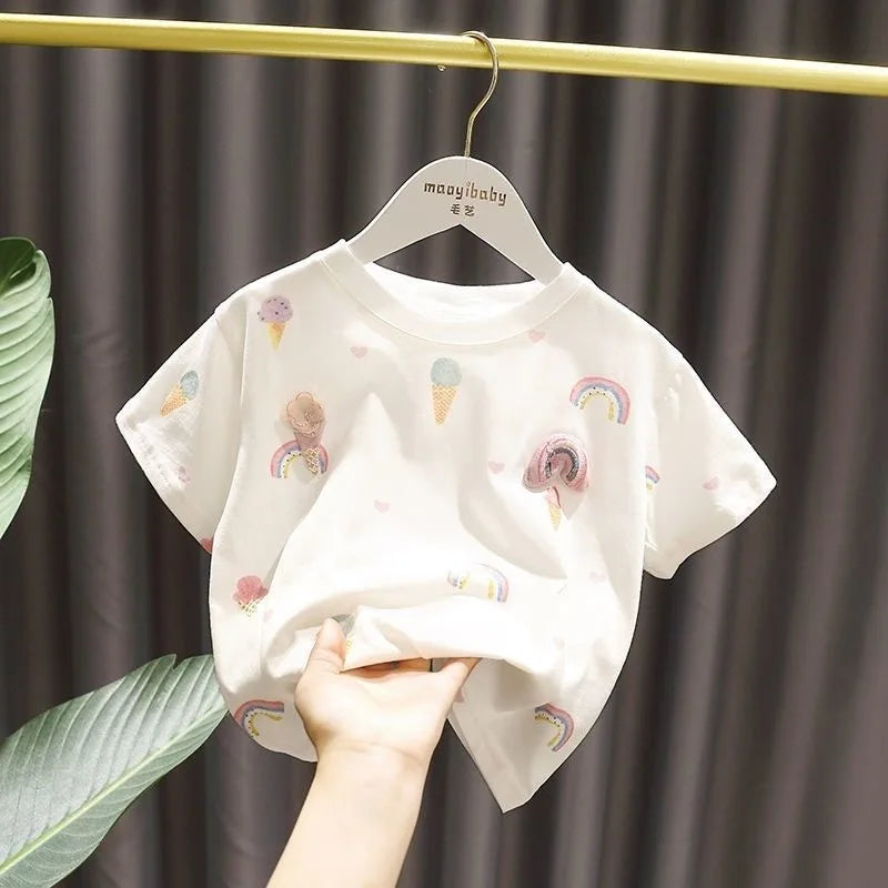 Children Summer Clothes Baby Girl Tops Short Sleeve Round Neck T-Shirt Breathable Cute Design Sweet 3D Flowers Trendy T-shirt
