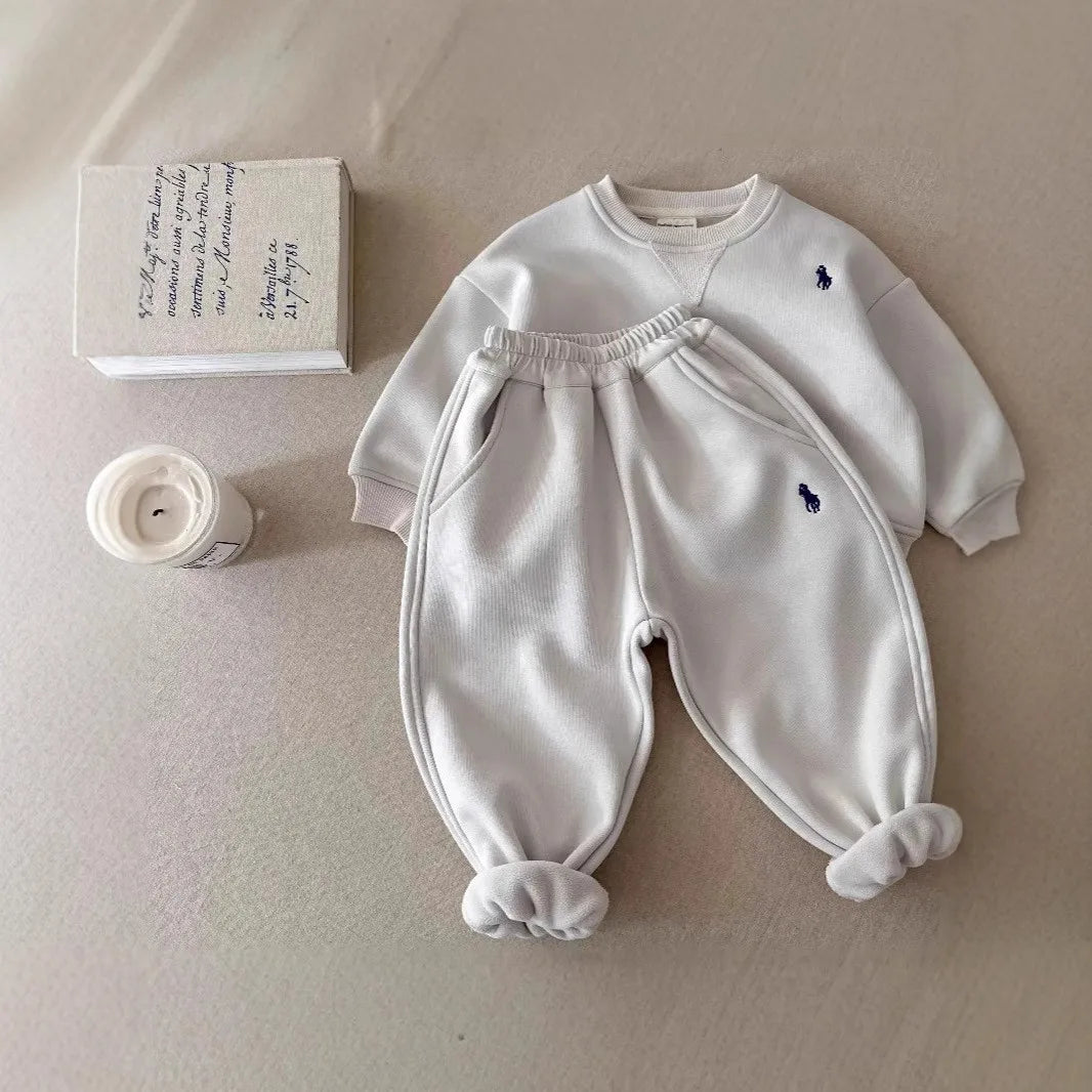 TZ2514 Korean Style Children's Winter Outfit Set Unisex Simple Fleece Sweatshirt Set Baby Trendy Warm Ensemble