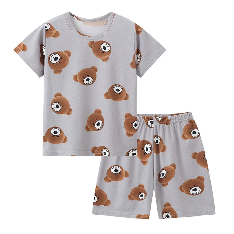2-Piece Children's Cute Bear Print Fashion Suit Boy's Casual Fashion Round Neck Shirt Girl's Comfortable Wild Shorts Combination