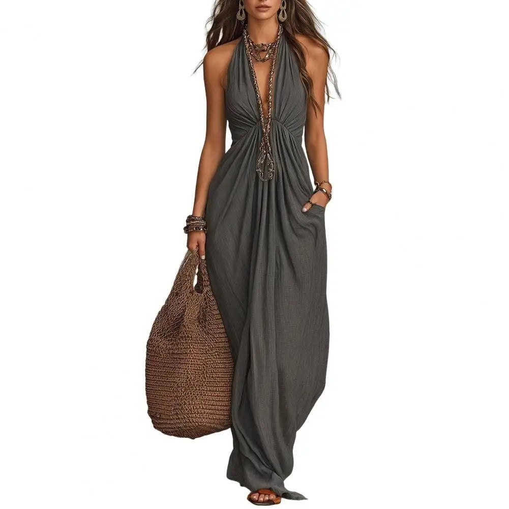 Women Dress with Hidden Side Pockets, Deep V Neck Sleeveless Beach Sundress, Summer Flowy Maxi Dress with Pockets