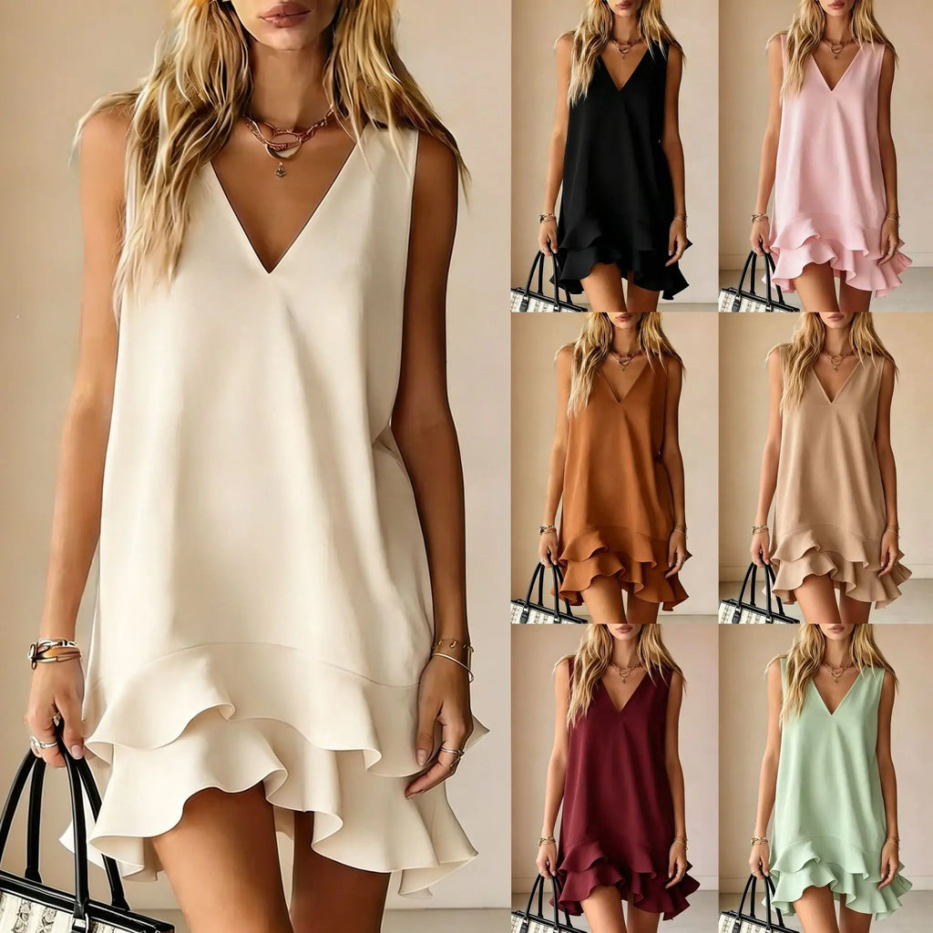 Women Sleeveless Mini Dress V Neck Ruffle Hem Loose Shift Dress Casual Summer Beach Sundress Ladies Solid Color Loose Short Dres