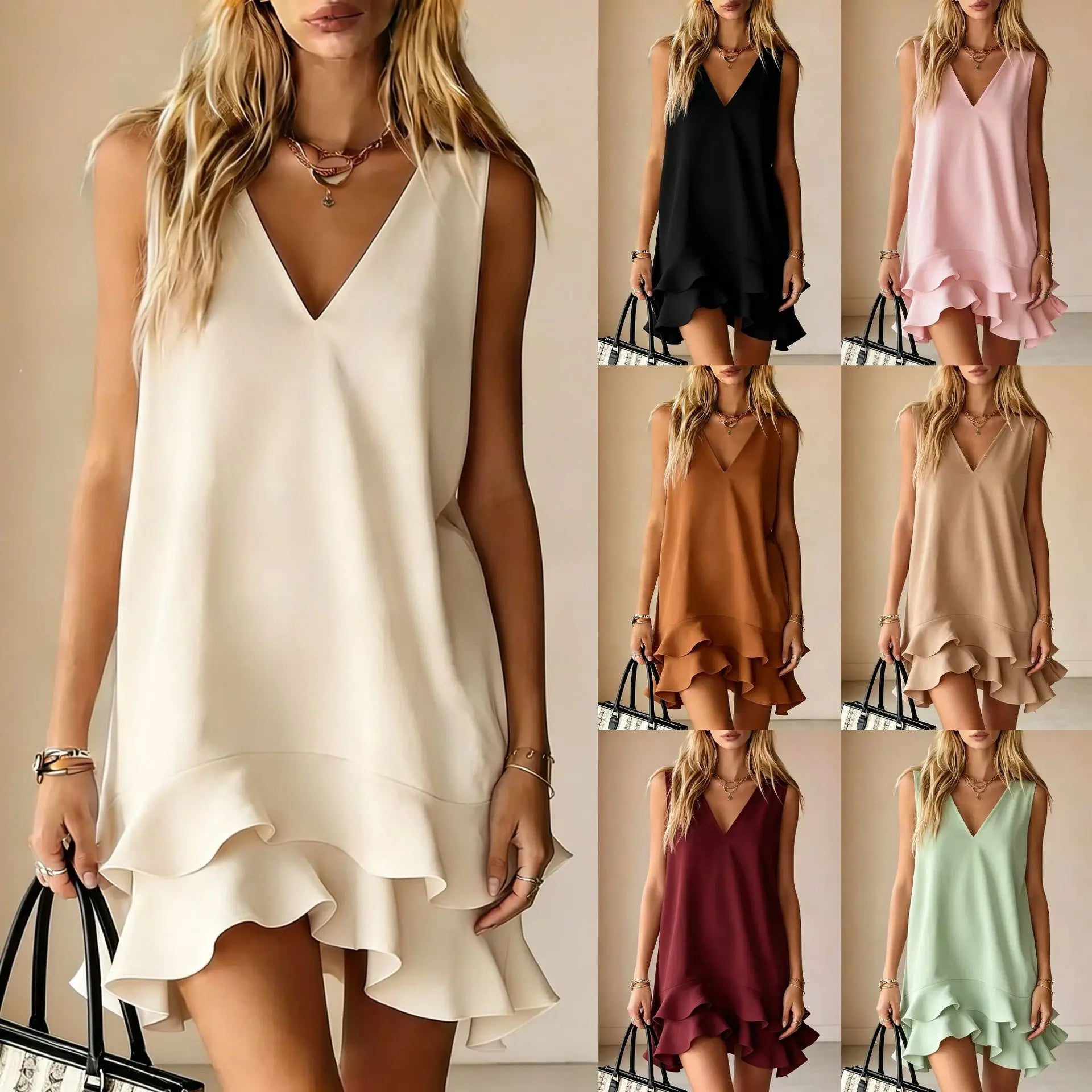 Women Sleeveless Mini Dress V Neck Ruffle Hem Loose Shift Dress Casual Summer Beach Sundress Ladies Solid Color Loose Short Dres