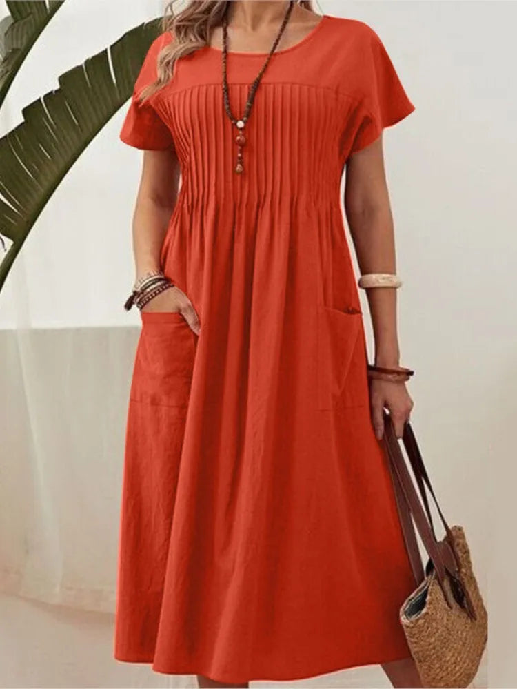 Women's Summer Dress New Pleated Front Loose A‑Line Dress Casual Daily Outdoor Vacation Ladies Long Dresses For Women Robe Femme