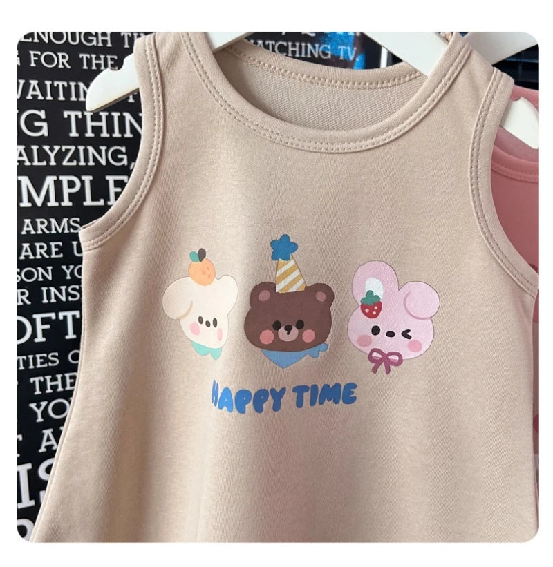 2026 New 1-6Y Childrens Dress Cute Cartoon Printed Sleeveless Girls Dress Pure Color Loose A-line Skirt for Girls