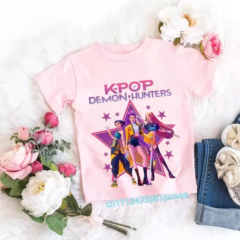 2026 Children's K-pop Demon Hunters T-shirt, a clothing item featuring anime cartoon patterns, a girls' casual top, gift options
