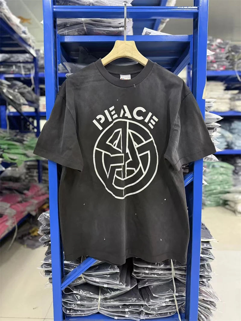 SAINT FW26 Retro American Street Circular Letter Printed Round Neck Hoodie Washed Ink Splashed Short Sleeve High Street T-shirt