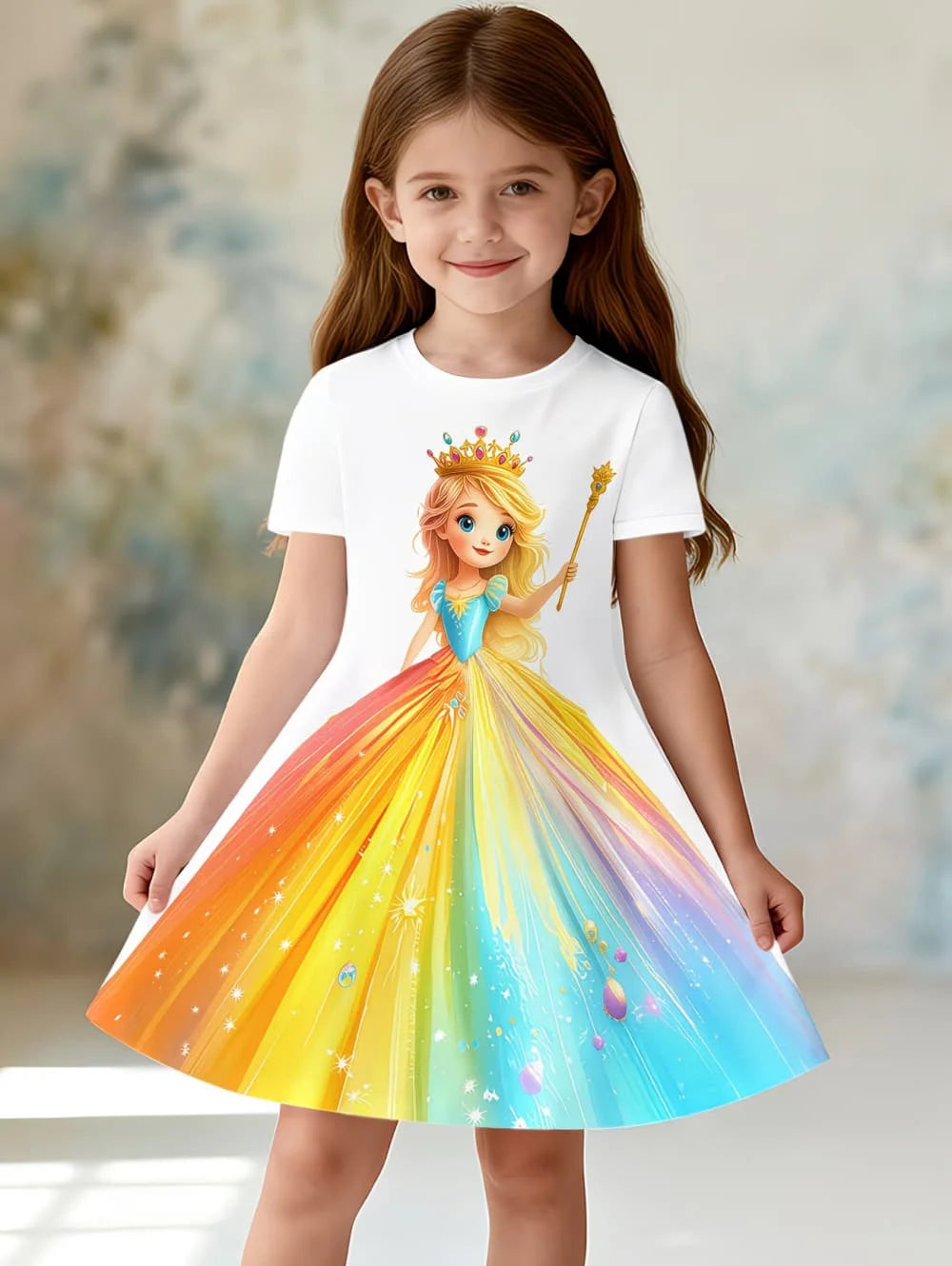 Girl's Princess Cartoon Print Dress Summer Casual Round Neck Short Sleeve Dress Outdoor Wear Elegant Party Dresses Girl Clothes