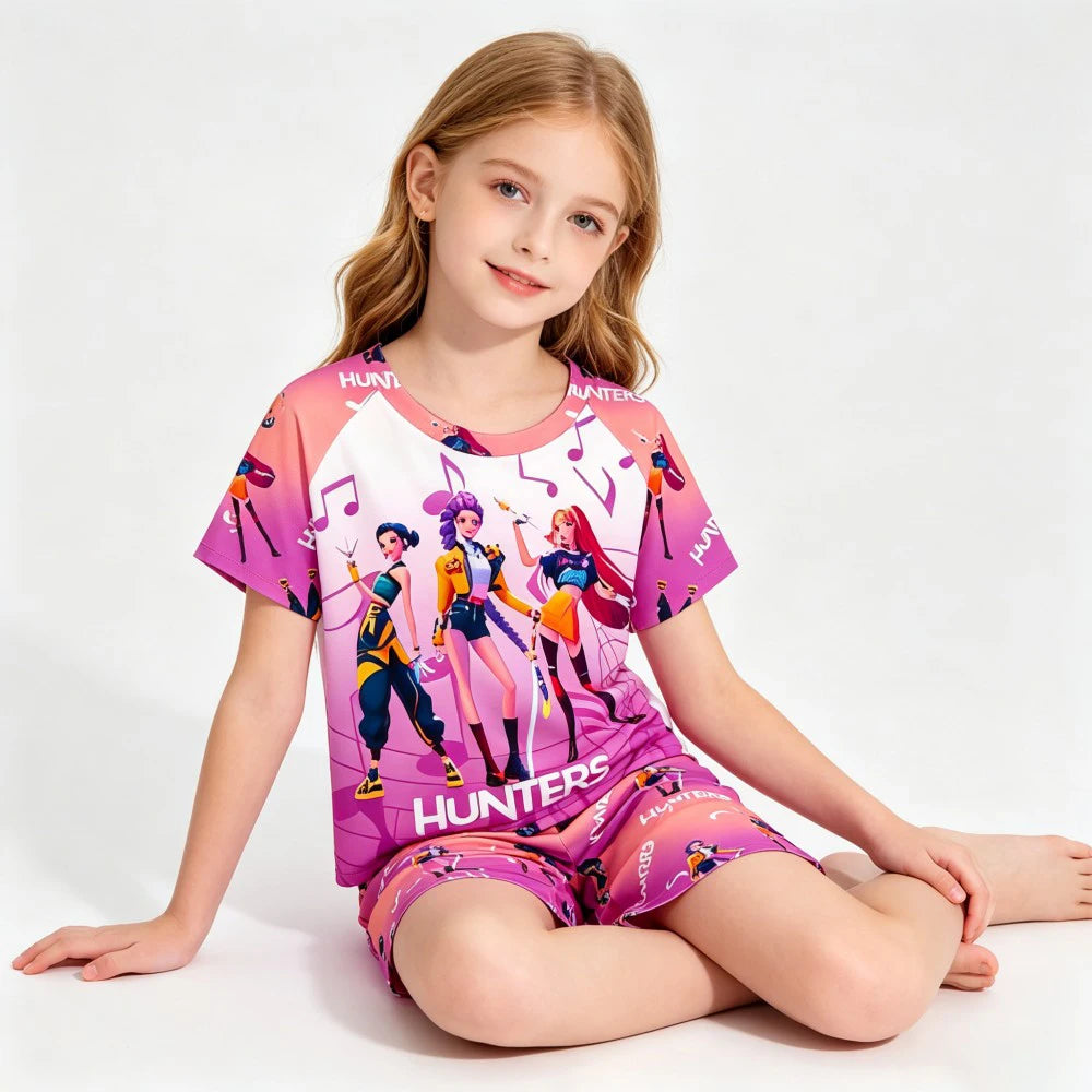Cute Kpop Print Kids Homewear Set 2Pcs Short Sleeve Nightwear Sleepwear Pajamas for Children 3-14Y Pijamas Girls Birthday Gift