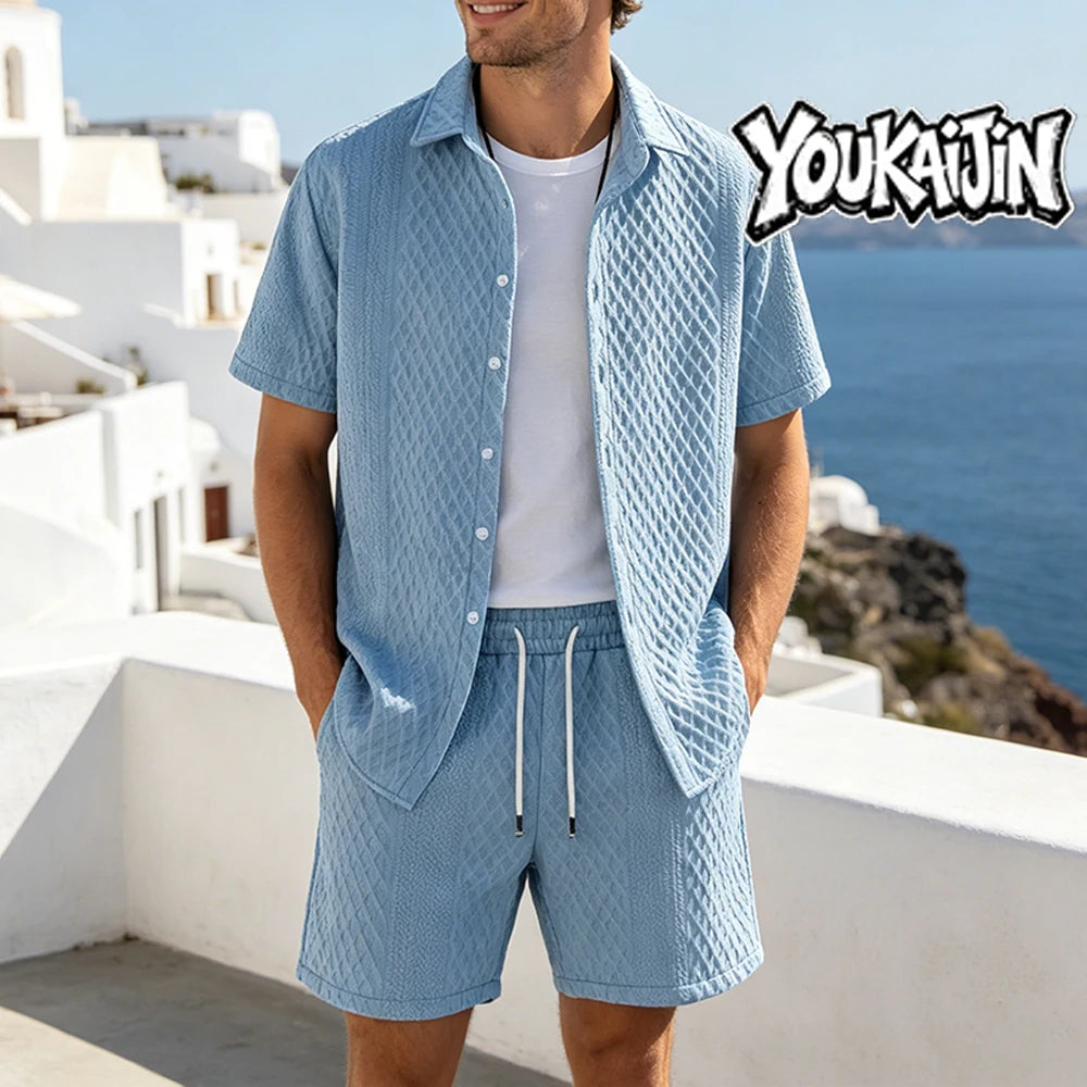 Summer New Men's Casual White Sportswear Shirt with A Lapel Men's Short-sleeved Button Shirt and Shorts Jacquard Texture Suit