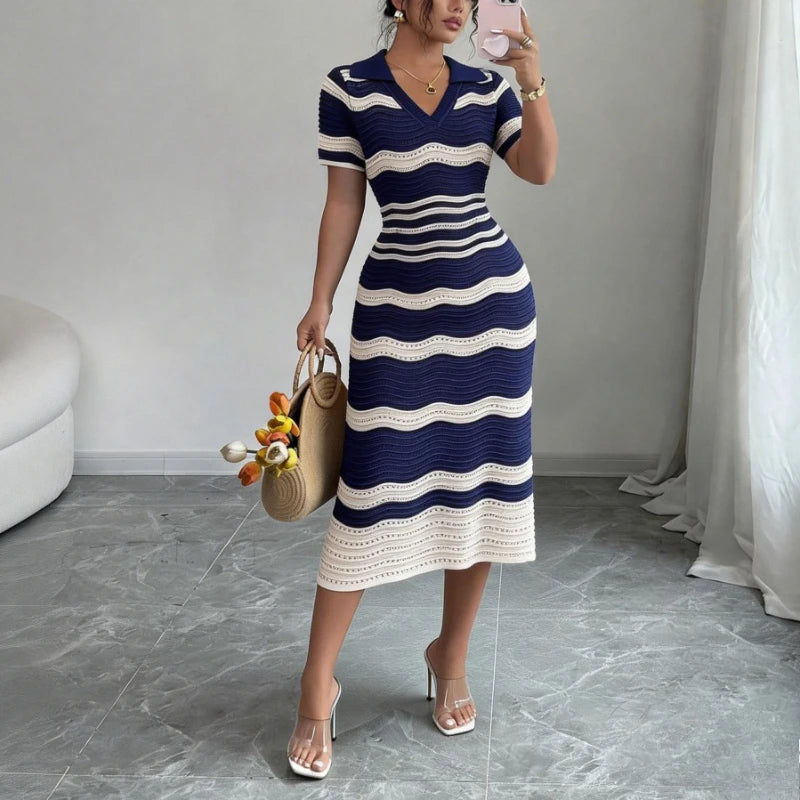 Women's Wavy Striped V-Neck Short Sleeve Elastic Sundress Ribbed Knit Bodycon Long Dress Crochet Hollow Out Summer Party Dress