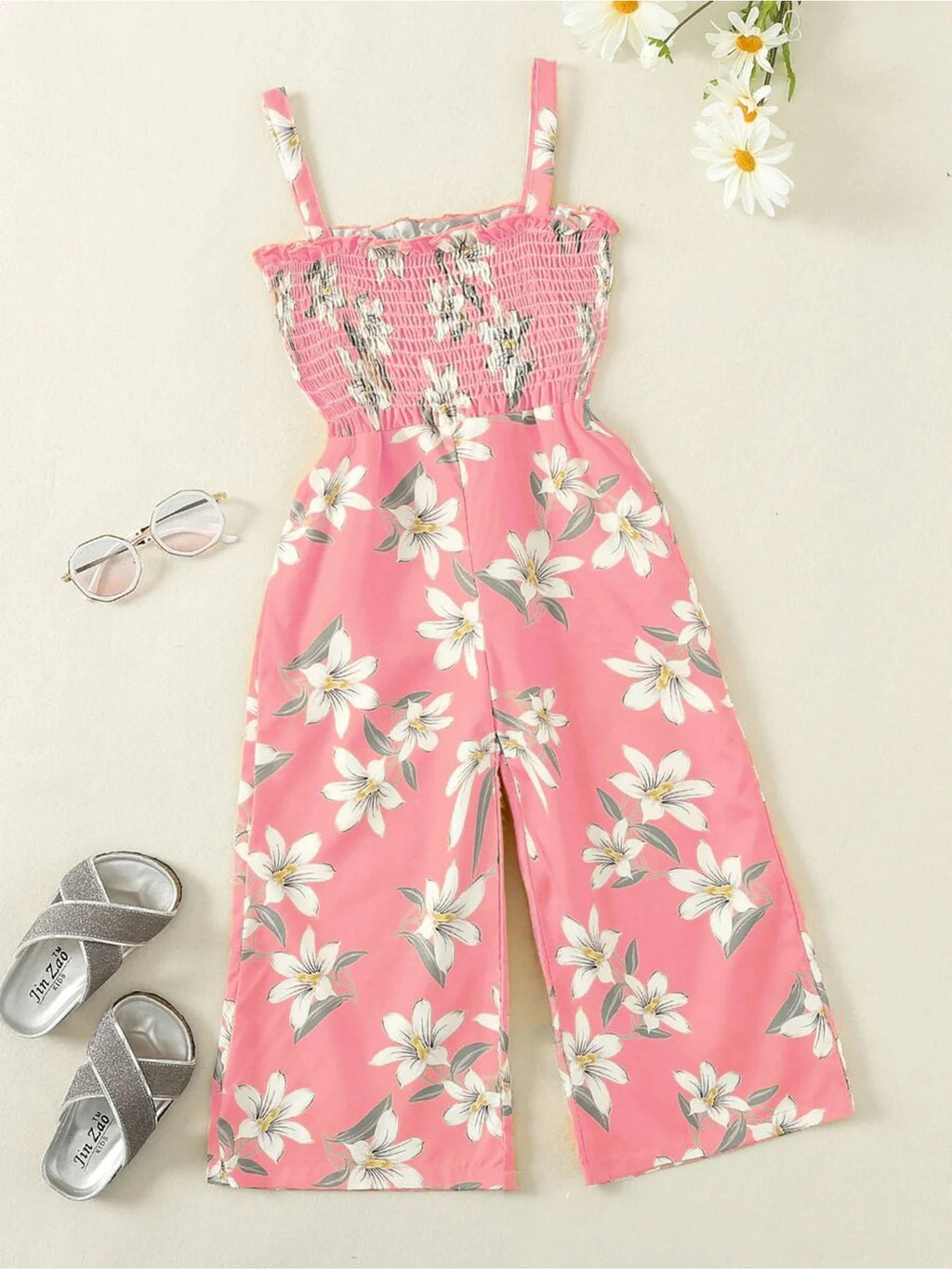 Summer fresh casual children's clothing, girls' pink lily print suspender, waist cinched wide leg pants, jumpsuit